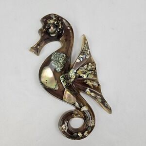 Vintage Lucite Abalone Shell Seahorse Wall Hanging Art Decor Plaque 8".